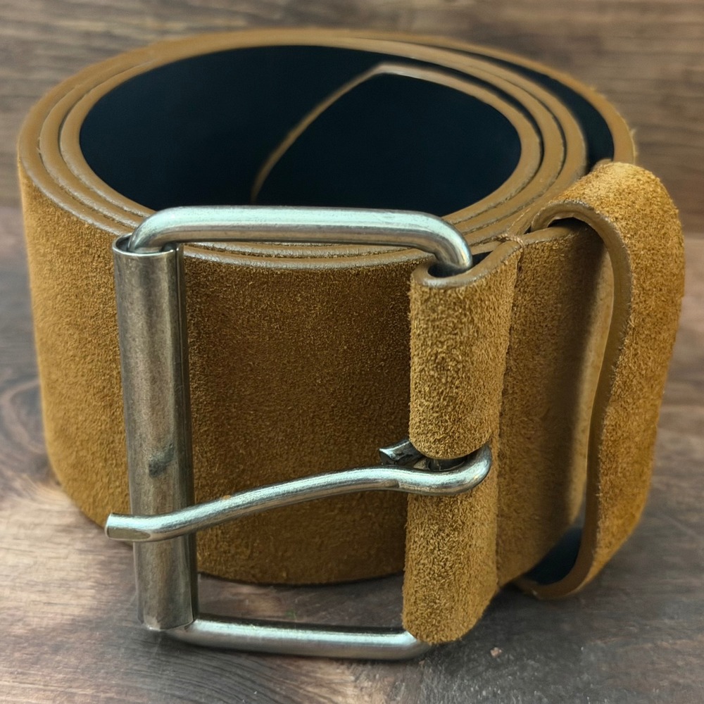 Tan Suede Genuine Leather Wide Waist Belt with Silver Roller Buckle Size L